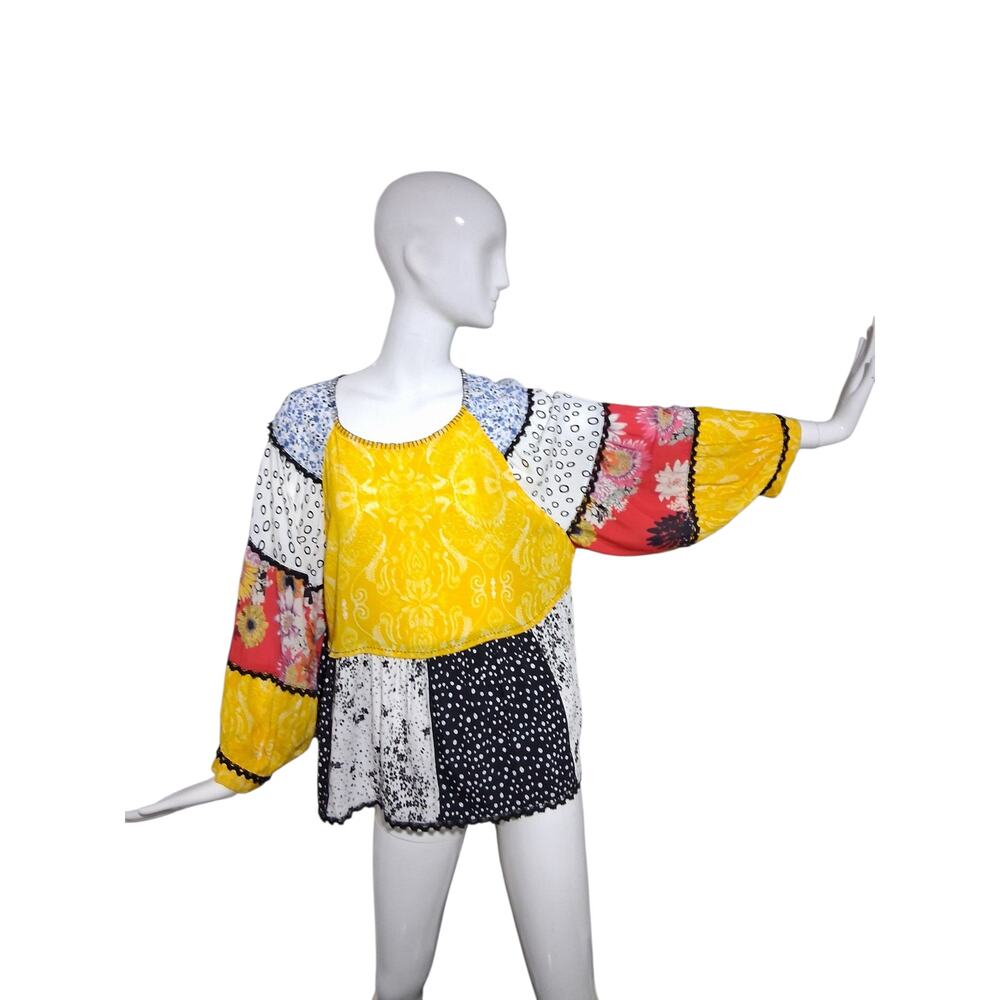 John Mark Patchwork Boho Women's‎ Large Cottagecore Balloon Sleeve Crochet Top